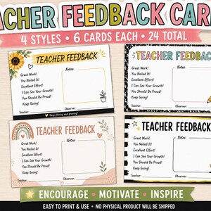 May include: Four rectangular teacher feedback cards featuring various designs including sunflowers, rainbows, and black and white patterns. Each card includes the text Teacher Feedback, a notes section, and pre-printed encouraging phrases for students.