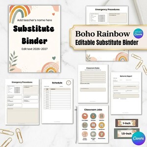 Editable Substitute Teacher Binder | Boho Rainbow Theme | Canva Template | Classroom Emergency Plans (Printable)