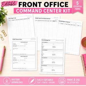May include: A Front Office Command Center Kit featuring five essential forms including a Visitor Sign-In Log, Student Late Arrival and Early Dismissal, Daily Staff Sign-In, Student Absence Notes, and a Phone Message Pad on white paper.