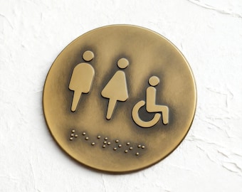 Luxury Solid Brass ADA Restroom Sign with Braille, Designer Bathroom Sign, Heavy 5mm Brass Plaque, Modern Architectural Signage 4-8 Inch