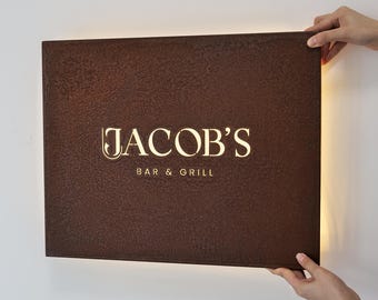 Custom Rusted Metal Backlit Sign | Industrial Bar Sign | Weathered LED Business Logo | Restaurant Wall Light Box | Signage for business