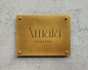 Custom Brass Sign, Minimalist Business Plaque, Engraved Brass Logo Sign, Office Door Sign, Company Name Plate, Modern Wall Sign