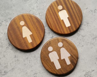 Walnut Wood Restroom Sign – Maple Inlay | Modern Bathroom Door Sign | Self-Adhesive | Rounded Edge Design | Diameter: 11.5 cm/4.53 inches