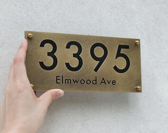 Brushed Brass House Number Sign, Personalized Address Plaque for Home or Office, House Number and Street Name Plate, Rustic Home Decor