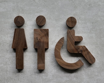 Wooden Restroom Sign | Walnut & Oak Bathroom Symbols | Unisex  Accessible WC Icons | Modern Toilet Signage for Wall