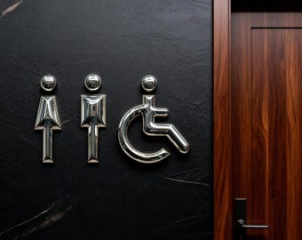 3D Restroom Door Sign Icons – Mirror Gold Silver Matte Finish – Modern Bathroom Signage with Adhesive | Custom Colors & Sizes