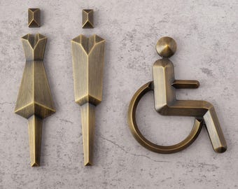 Anpassad toalettskylt | Vintage mässingssymboler för män och kvinnor med funktionsnedsättning | Modern toalettskylt i metall | Badrumsplakett i matt finish