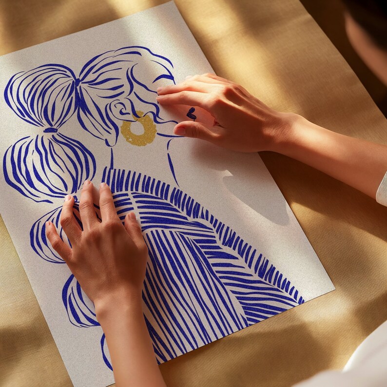 May include: A white background with a blue and white striped illustration of a woman with a gold earring. The woman's hair is styled in a bun with a blue and white striped design.