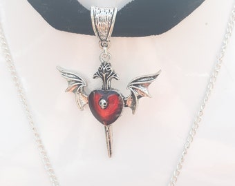 Gothic demon heart cross choker pendant. Red or black