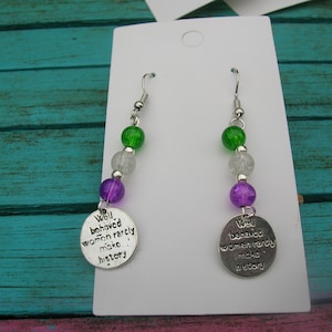 suffragette style drop earrings. Historical. Feminist.