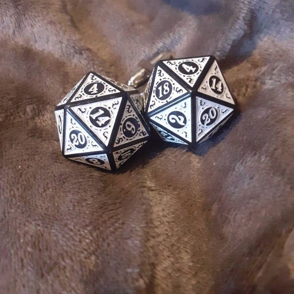 Chunky patterned d20 dice nerd role player cufflinks. Red, blue, green or white