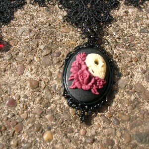 romantic gothic skull and roses cameo  choker, czech glass beads. Red or black beads