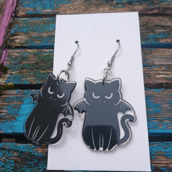 Vampire Bat Cat Earrings: Halloween Acrylic Charm