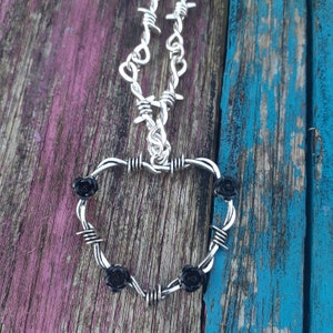 Barb wire rose heart, unisex punk goth pendant. Choice of length and colour rose