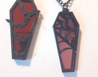Mirror coffin goth pendant. Bats or cobweb. Goth, horror. Choice of colour, purple, red, silver