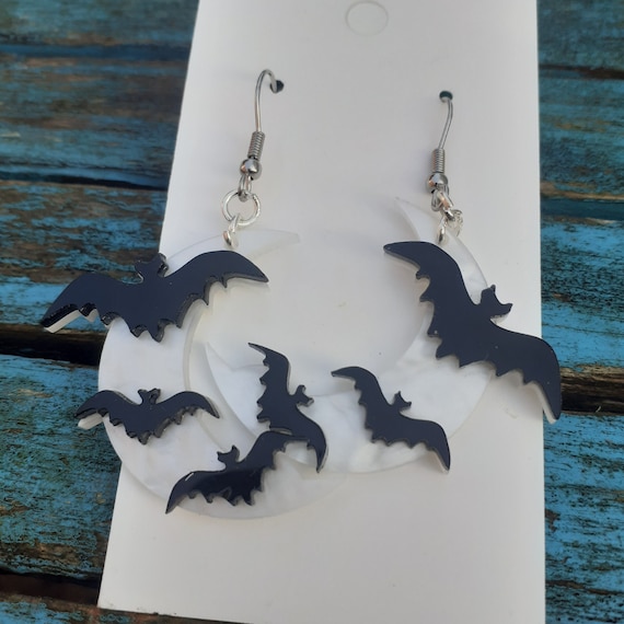 Bat Dangle Earrings For Halloween | Acrylic Bat & Moon Drop Earrings For Women, Girls, Cosplay & Costume Parties