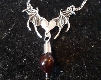 Bleeding demon heart, blood vial goth, horror pendant necklace. Choice of full or empty vial
