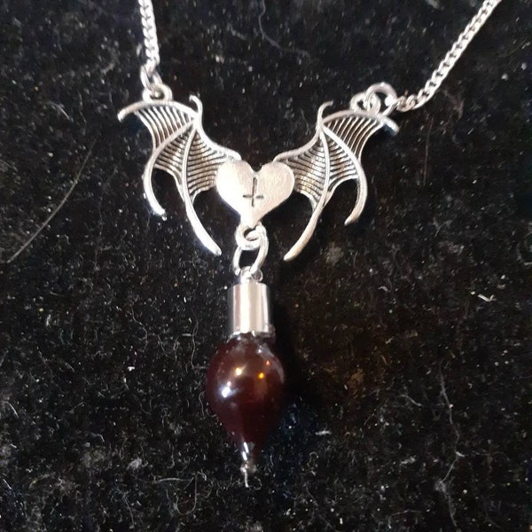 Bleeding demon heart, blood vial goth, horror pendant necklace. Choice of full or empty vial