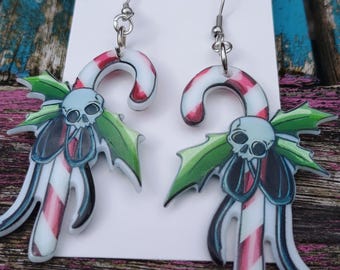 candy cane skull christmas earrings. goth earrings. novelty earrings
