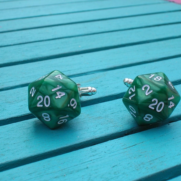 pearl d20 dice cufflink, mottled green, blue, white, red, black, or purple dice. Role player gift. Role player wedding