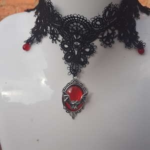 Bat queen, gothic lace choker, victorian. Macabre. Red or black. With czech glass beads
