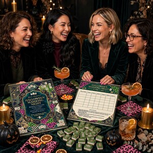 Puede incluir: Un set de invitación y tarjeta de puntuación para una noche de Mahjong de Halloween con un borde estampado en verde azulado, morado y verde neón con motivos de calaveras y calabazas. Incluye fichas de Mahjong verdes, cócteles y calabazas.