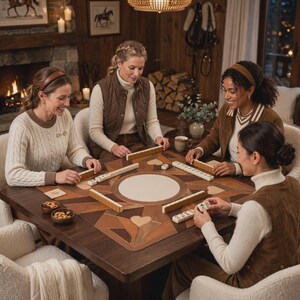 May include: A square wooden game table featuring a central circular beige inlay surrounded by a geometric brown and tan leather pattern with heart motifs. Four sets of rectangular white tiles are arranged on the table surface for play.