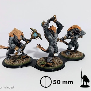 May include: Three grey and orange painted miniature figures of lizard-like creatures with weapons, standing on a black three-sectioned base. The base is 50 mm in diameter.  x3