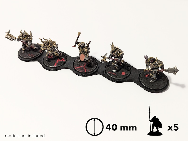 May include: Five black plastic miniature figure bases with red accents, connected in a row. Each base is 40 mm in diameter. The bases are designed to hold miniature figures. "models not included" is written below the bases.