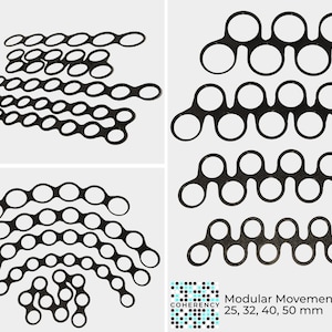May include: Black modular movement trays in various sizes, 25, 32, 40, and 50 mm. The trays are made of a flexible material and can be used to create different patterns and designs.