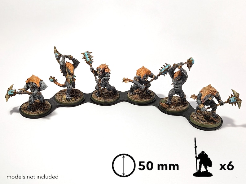 May include: Six miniature figures of grey and orange lizard-like creatures with blue and gold weapons, standing on black bases, arranged in a curved line on a black base with a 50 mm diameter. The text "x6" is visible in the image.