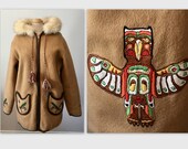 Vintage 70s Blanket Coat Parka Embroidered Totem Pole