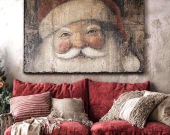 Tableau sur toile style rustique primitif antique représentant le Père Noël – impression de Noël vintage, décoration de ferme patinée – petit ou grand format