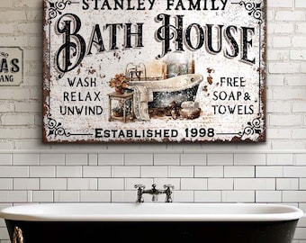 Custom Canvas BATH HOUSE Bathroom Sign Decoration Modern Farmhouse Industrial Primitive Distressed Art - Small or Large Sized