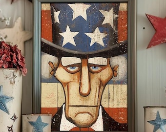 May include: A patriotic display featuring an Uncle Sam portrait, American flag, and star-shaped decorations. The mantelpiece holds vases with flowers and star-adorned containers, creating a festive, Americana-themed arrangement. The color palette includes red, white, and blue.