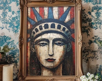 May include: A framed painting of the Statue of Liberty with a gold frame, displayed on a wooden mantelpiece. The background features a blue and white floral wallpaper and American flag banners. Other decorations include candles and a small potted plant.