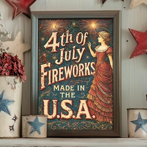 Unframed Art Print - 4th of July Fireworks Made in the USA - Primitive ...