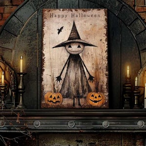 Rustic Halloween Witch Decor Canvas Art Print - Primitive Happy Halloween Creepy Cute Cottagecore Decoration in Small or Large sizes
