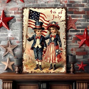 July 4th Patriotic Decor - Canvas Wall Art - Independence Day Americana Mantle Decoration - Victorian Boy and Girl With American Flag