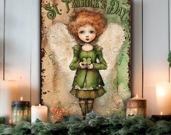 ST Patricks Day Decor - Large or Small Canvas Wall Art Print - Rustic Mantle Wall Decoration - Love and Luck Shamrock Girl