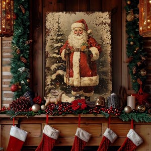 Canvas Wall Art - Primitive Rustic Christmas Mantle Decoration Farmhouse Cottagecore Decor - Small and Large - Victorian Santa afbeelding 8