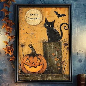 May include: A Halloween-themed mantelpiece decorated with pumpkins, a black cat illustration, and candles. The illustration features the text "Hello Pumpkin".
