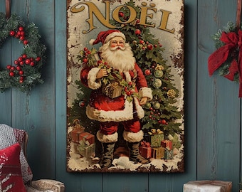Primitive Noel Santa Rustic Vintage Style Rustic Christmas Canvas Wall Art Mantle Decoration Farmhouse Cottagecore Decor - Small and Large