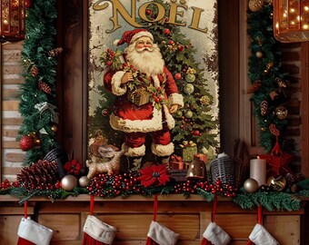 Décoration murale rustique et vintage avec un Père Noël primitif sur toile, idéale pour la cheminée ou un style cottagecore - Petit et grand modèle