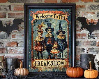 May include: Halloween-themed mantelpiece with a framed "Welcome to the Freakshow" poster. The display includes pumpkins, skull decorations, black bats, and cobwebs against a brick wall, creating a spooky atmosphere.