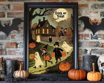 May include: A black framed vintage Halloween print with a house, children, and ghosts. The print is on a black mantel with a skull, pumpkins, and black spiderwebs.