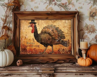 May include: A framed vintage Thanksgiving print with a turkey wearing a top hat and the text "Happy Thanksgiving". The print is on a mantel with pumpkins and fall leaves.