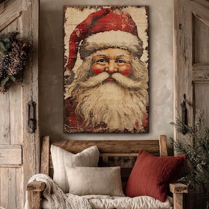 Canvas Wall Art - Primitive Rustic Christmas Mantle Decoration Farmhouse Cottagecore Decor - Small and Large - Santa Portrait
