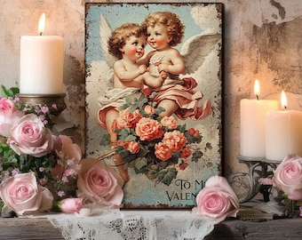 Primitive Valentines Day Decor - Gallery Wrapped Canvas Art Print - Rustic Antique Vintage Style Cupid Mantle Decoration - Victorian Cherubs