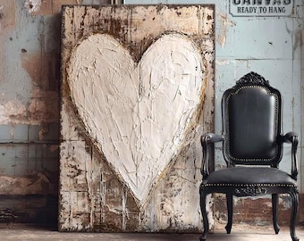 Rustic Neutral Heart Canvas Wall Art - Farmhouse Bedroom Decor - Vintage Love Painting Textured Distressed Artwork - Large Vertical Canvas